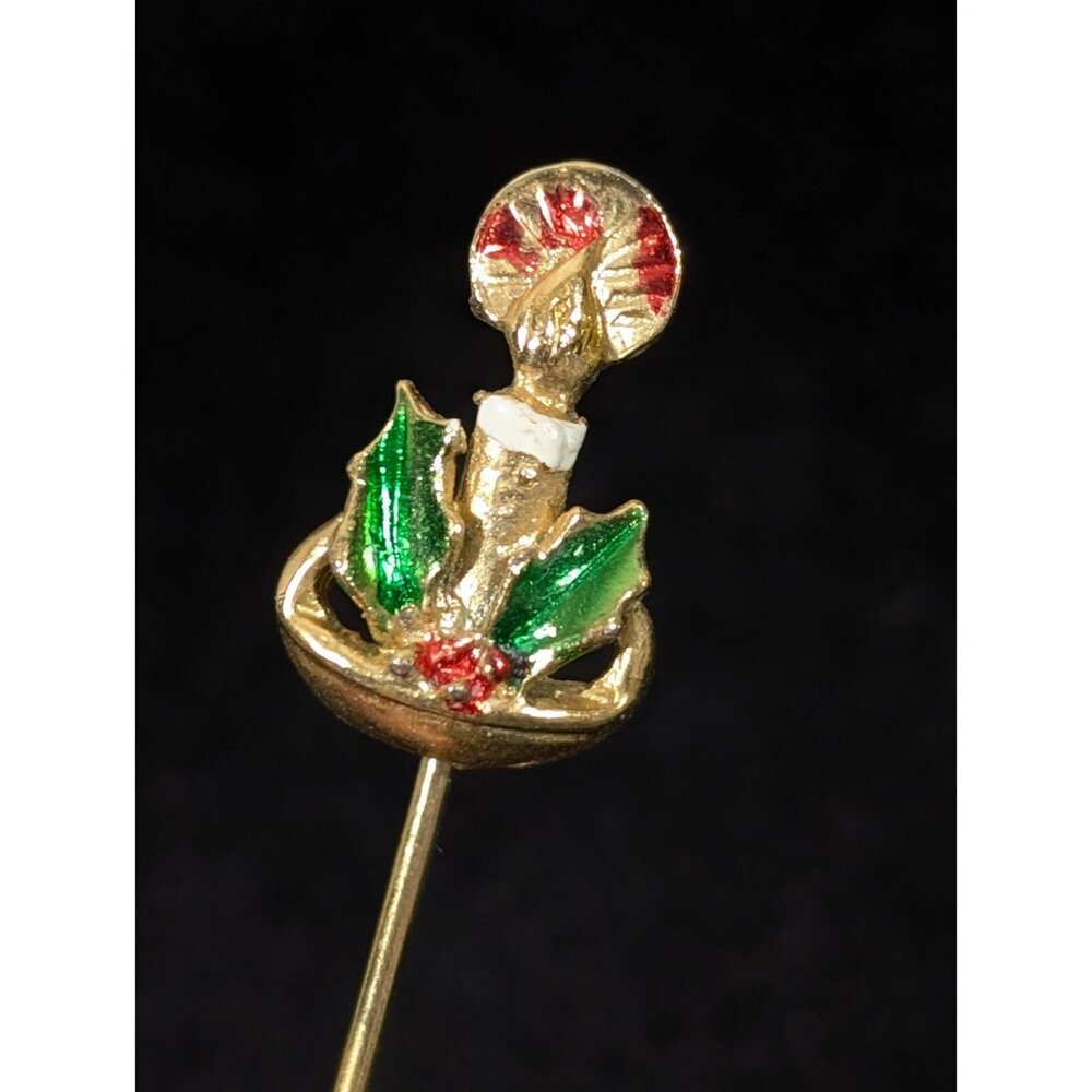 Vintage Christmas Candle Stick Pin Green Red Enamel‎ Gold Tone Brooch